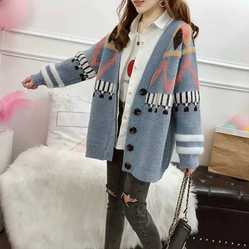 

Korean Women Loose Jacket Button Sweater Jacket Girl Women Casual Short Knitted Cardigan Coat Spring Autumn Geometry Print Coats