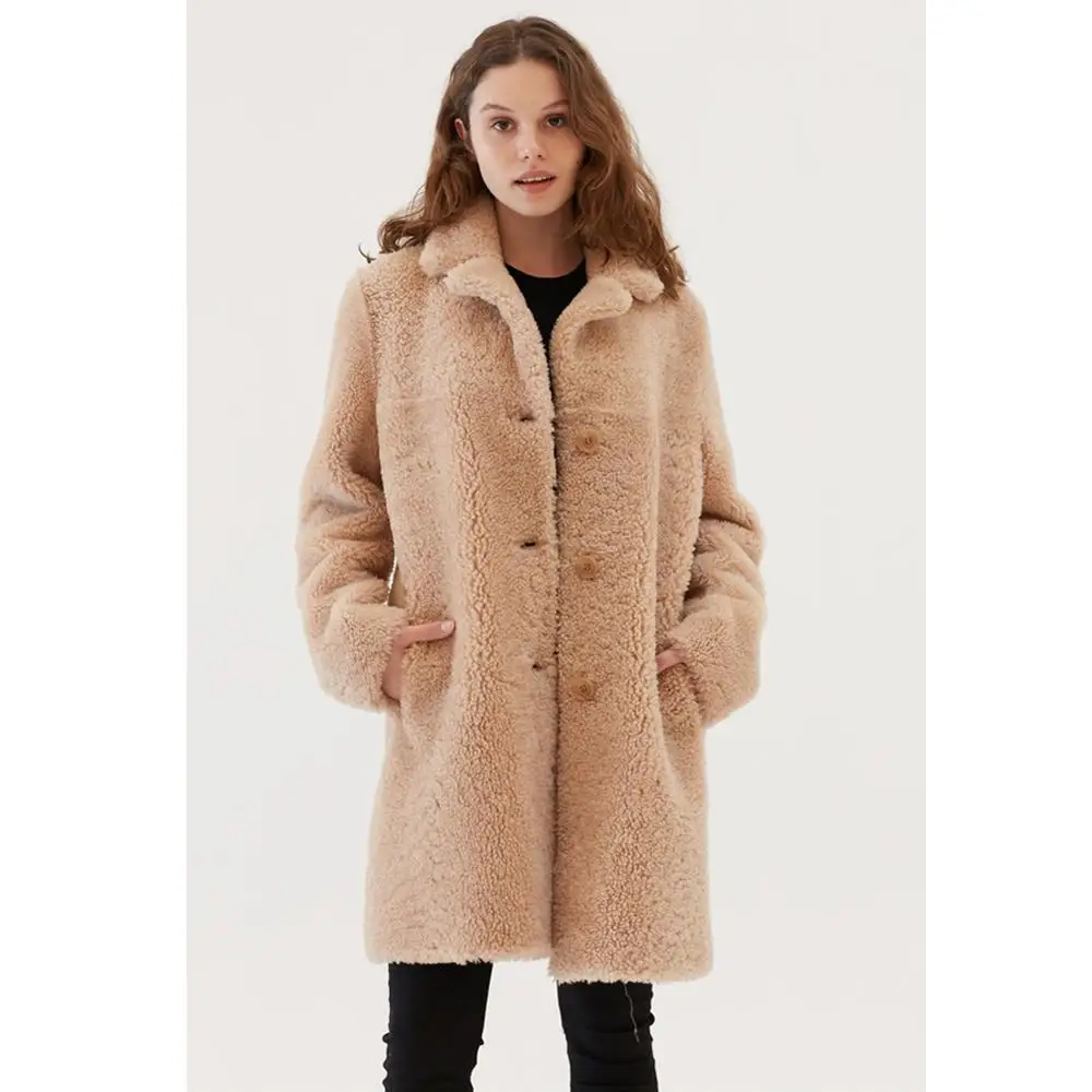 Womens Classic Shearling Coat Turkey Fur Coat Long Leather Jacket