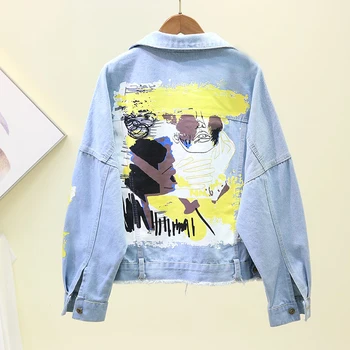 

Vintage Jeans Jacket Women 2020 Spring Autumn Korean Fashion Pocket Long Sleeve Print Denim Jacket Loose Light blue Outwear H342
