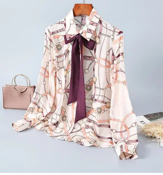 

Spring 2020 for European and American women's wear Chain printed lantern sleeve bow lapel Fashionable silk shirt