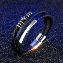 Винтажный тканый Pu Титановый стальной браслет из ПУ искусственной кожи браслет из нержавеющей стали