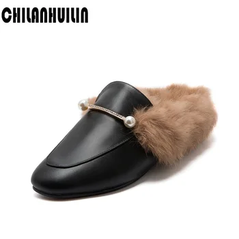 

brand hairy slippers women's autumn winter wear new muller shoes net red lazy shoes pumps rabbit fur baotou half casual slippers