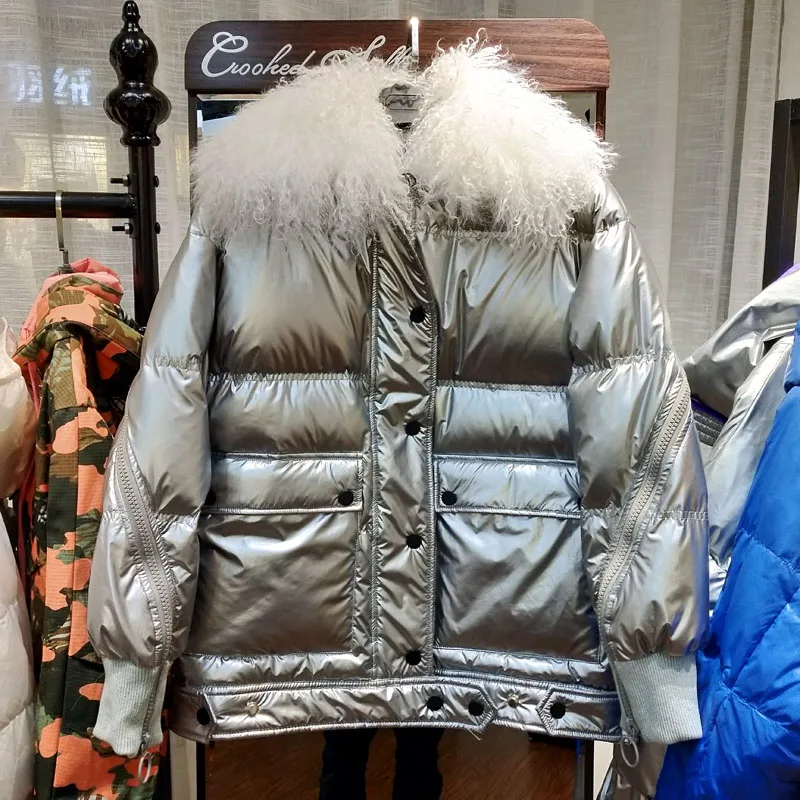 Зимняя женская куртка из натуральной шерсти с меховым воротником белым утиным