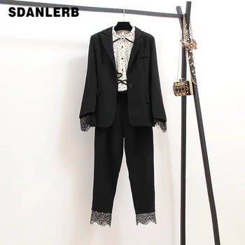 

2019 Autumn Female Black Lace Stitching Suit Blazer + Trousers Temperament Ladies Two-piece Set Fashion OL Outfits Office Wear