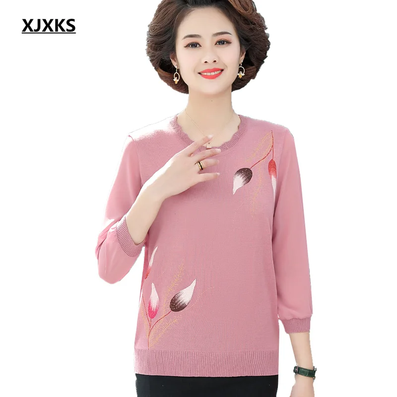 

XJXKS 2022 Summer Autumn New Women Thin Tops Fashion Printing Comfortable Three-quarter Sleeve Women T-shirt