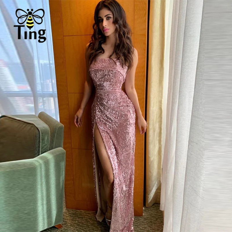 Tingfly Summer New Glitter Sequin Party Night Dress Sexy Strap High Slip Split Pink Sequined Long Outdoor Vestido de festa | Женская