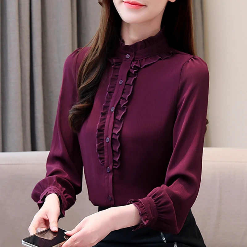 TingYiLi Vintage Stand Collar Purple Ruffle Shirts Women Spring Autumn Long  Sleeve Office Wear Shirts Korean Style Elegant Top