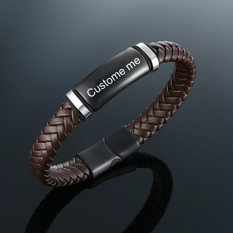 Custom-Braided-Leather-Men-Bracelet-Brown-Color-Stainless-Steel-ID-Tags-Free-Engraving