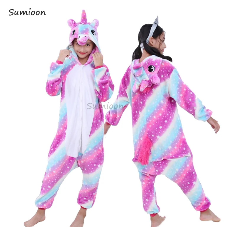 Kigurumi Onesie/Детские пижамы, пижамы с единорогом для мальчиков и девочек, зимние пижамы с животными, детская одежда для сна, Комбинезоны для подростков 4, 6, 8, 10 лет - Цвет: Rose Star