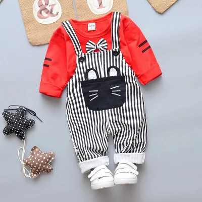 Autumn New Baby Boy Clothes Toddler Girls Suspender Trousers T-shirt Long sleeves Children Sets - Цвет: Красный