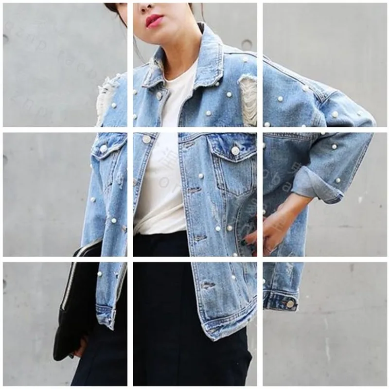 

Pearls Beading Ripped Denim Jacket Women Vintage Single Breasted Long Sleeve Jean Jackets and Coats Plus Size 2019 Fall -80