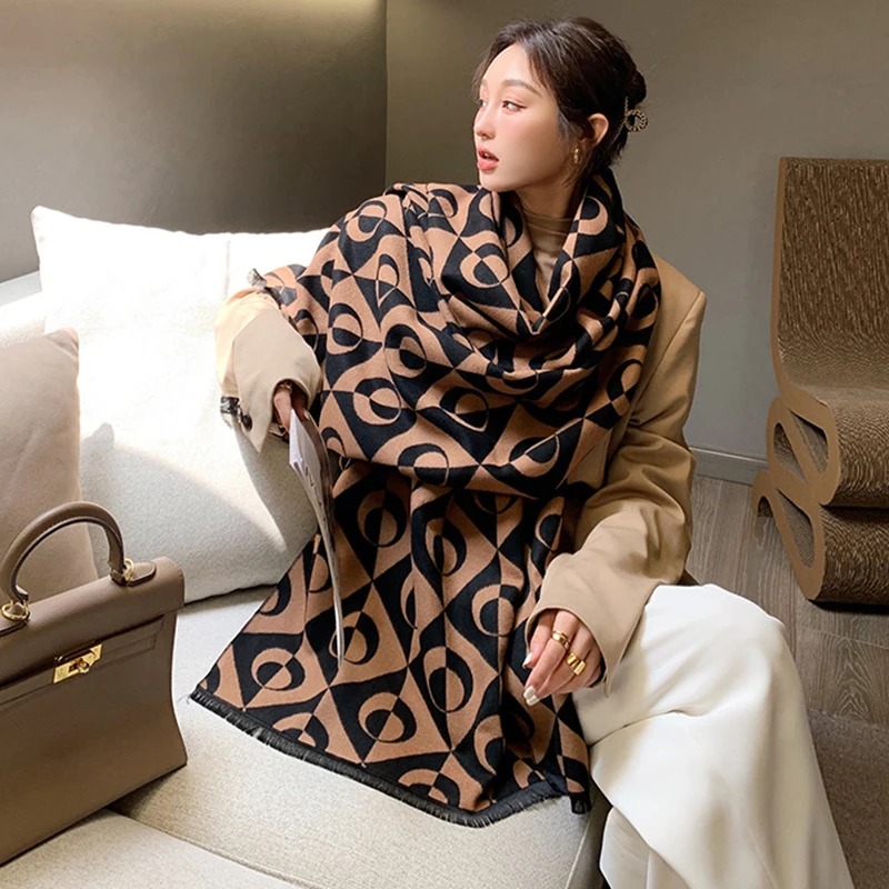 

Fashion Imitation Cashmere Women Vintage Geometric Scarf Winter Warm Shawl Long Wrap Tassel Wild Knitted Female Thick Blanket