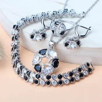 

925 Sterling Silver Jewelry Sets Earrings Women Luxury Black&White CZ Wedding Jewelry Bracelet Rings Bridal Pendant Necklace Set