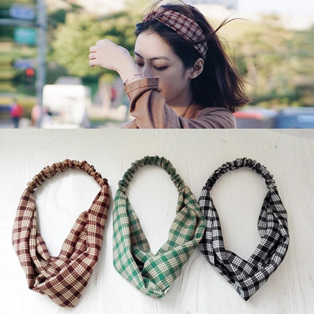 2019 New Fashion Bohemia Hair Accessories Plaid Hairband Headband For Women Headwear Elastic Knotted Hair Band Wholesale 903