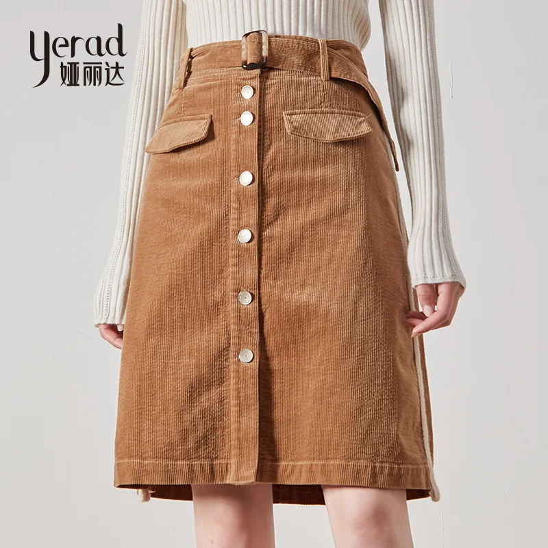 

YERAD Women Cotton A-Line Skirts Vintage Corduroy Mini Skirt Front Button Female A-Line Side Stripe Skirt