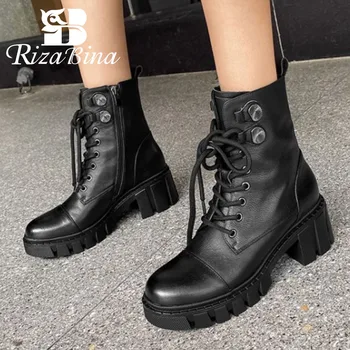 

RIZABINA Real Leather Women Ankle Boots Cross Strap Zipper Shoes Thick Heel Round Toe Warm Boots Fashion Footwear Size 34-39