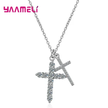 Shimmer Double Cross Pendants CZ 925 Sterling Silver Pendant Necklaces Choker New Statement Necklace Women Wedding Jewelry