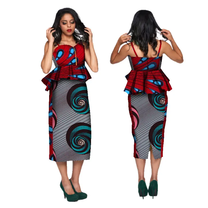 

2020 African Clothes Dashiki Ladies Clothes Cotton Two Pieces Set Print Bazin Sleeveless Plus Size 6xl Ankara skirt suit WY1708