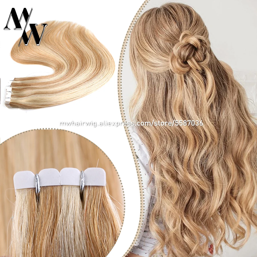 Hair-Extensions Tape-In MW Balayage 100%Real Skin-Weft-Adhesive Remy Mini Machine Ombre-Color