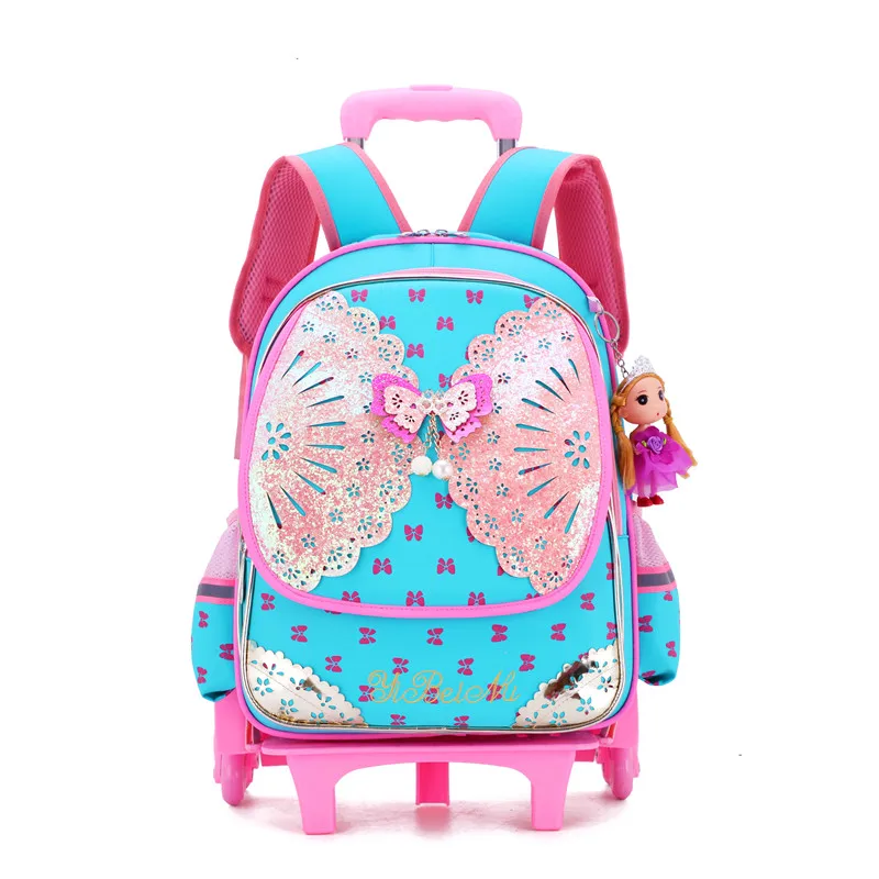New Fashion Removable Children School Bags Waterproof for Girls Trolley Backpack Kids Wheel Bag Bookbag Travel Luggage Mochilas - Цвет: 6 wheels sky blue