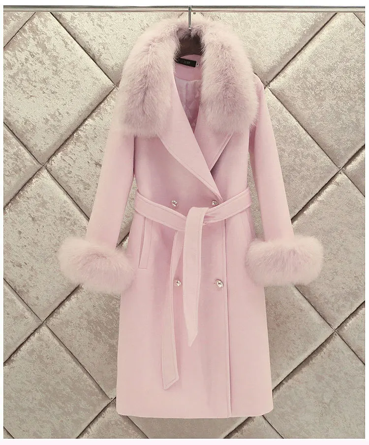 Шерстяная Женская куртка зима стиль приталенный большой меховой воротник длинное плотное шерстяное пальто
