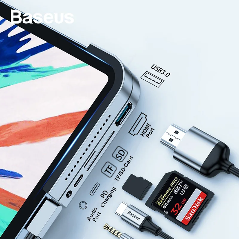 

Baseus USB C HUB Type C to USB 3.0 HDMI USB HUB for iPad Pro Type C HUB for MacBook Pro Multi 6 Ports Adapter HUB Dock Station