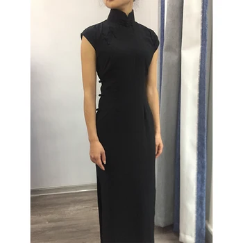 

Customized Black Women Lady Traditional Chinese Dress Mandarin Collar Qipao Oversize Long Slim Split Cheongsam