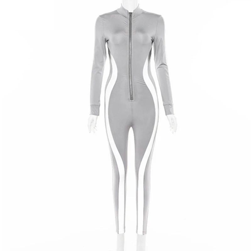 2019 Autumn Women Reflective Striped Jumpsuit Long Sleeve V-Neck Zipper Bodycon Romper Sexy Skinny Ladies Long Pants Jumpsuit