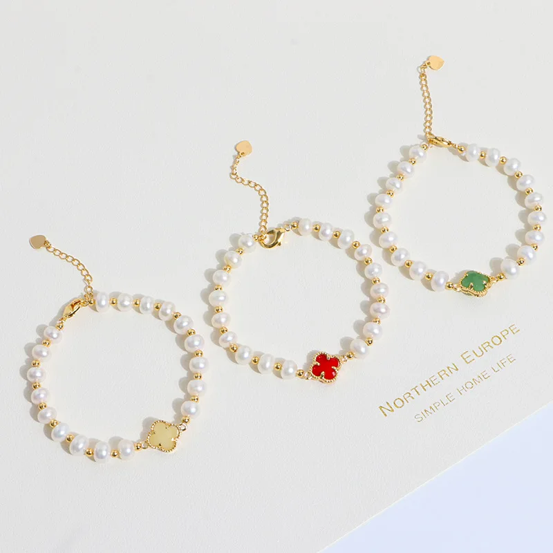 

FUN-BEAUTY Fashion Hot Sale Female Pearl Bracelet 14K Gold Note Four Leaf Clover Bracelet Wild Freshwater Pearl Bracelet