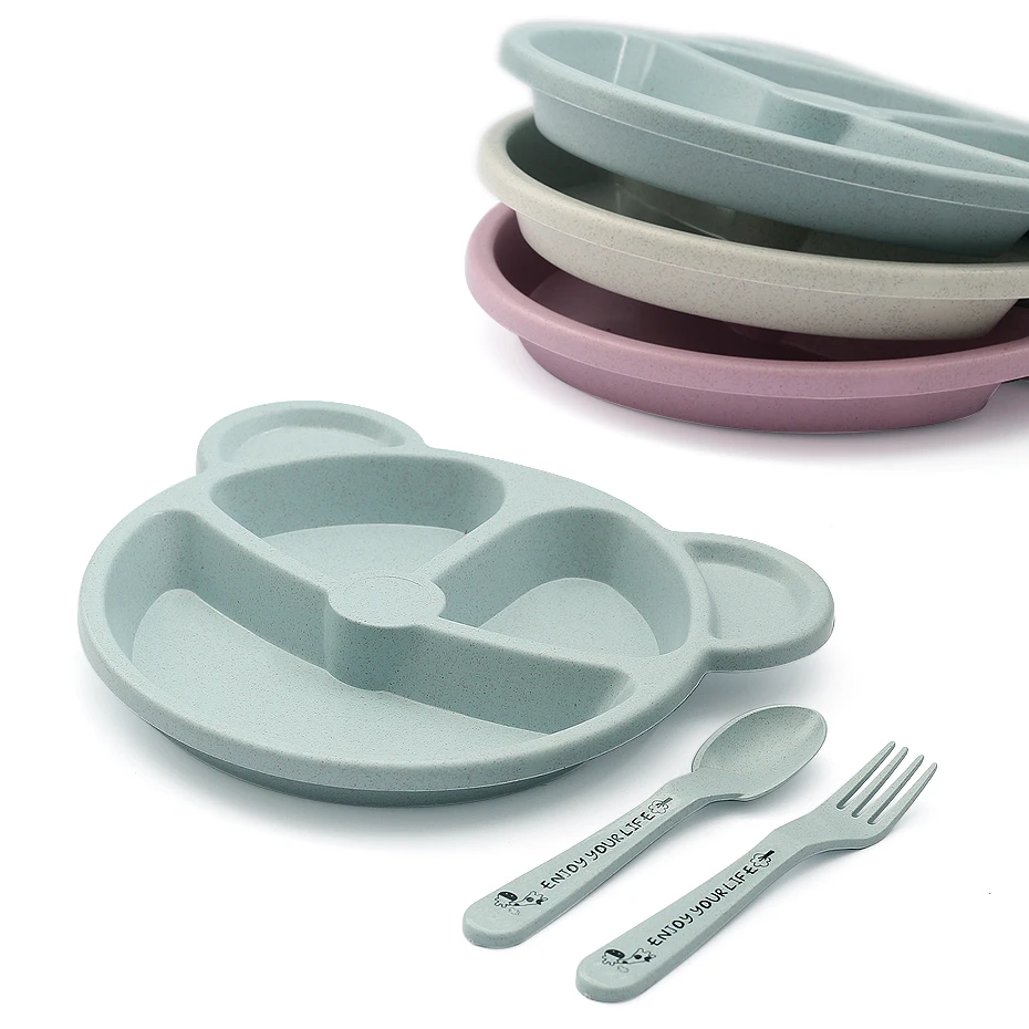 

3PCS Children Food Cartoon Dishes Wheat Straw Baby Bowl Dinnerware Set Dining Plate With Spoon Fork Baby Feeding Dining Dishes