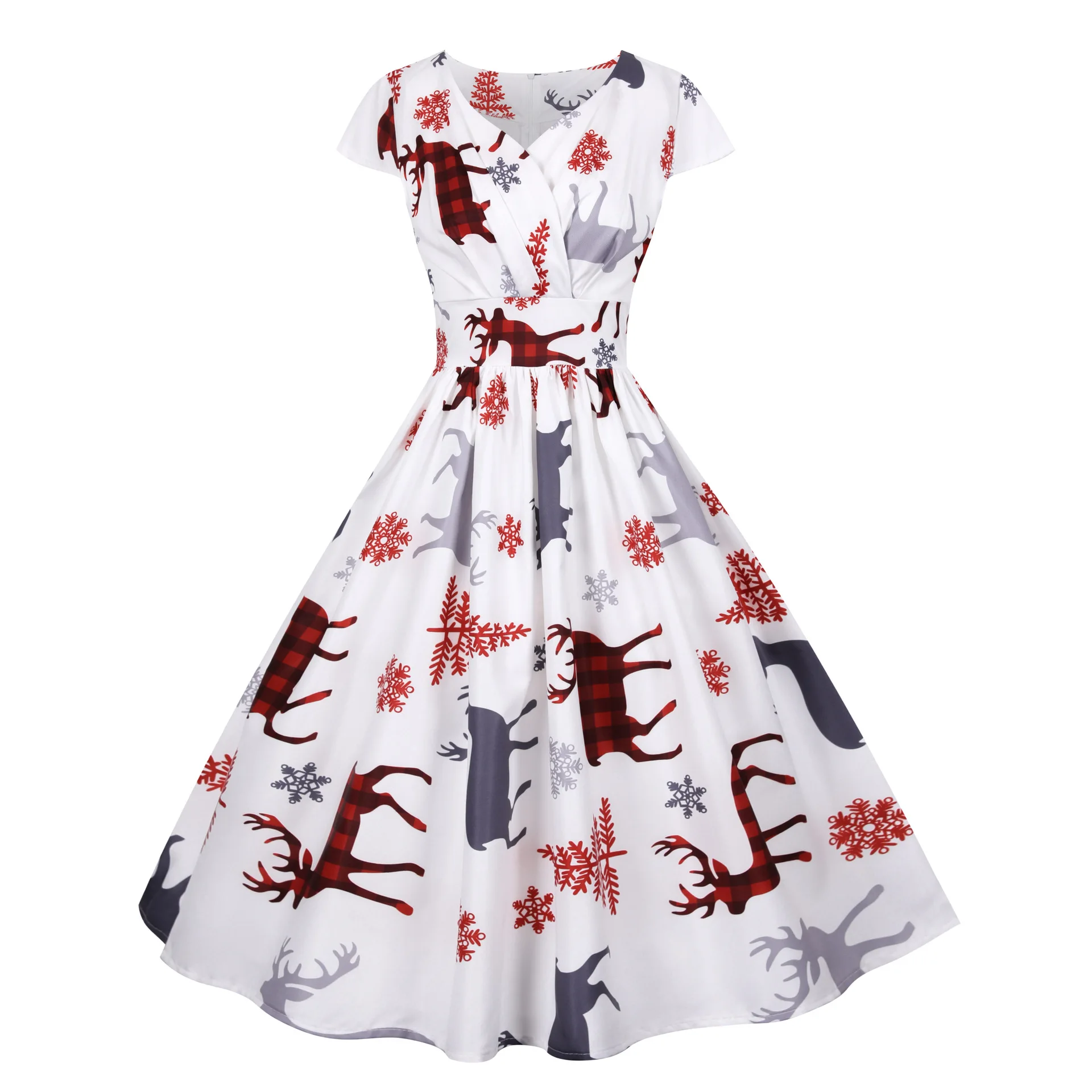

Vintage Xmas Party Short Sleeved Waist Christmas Printed Temperament Dress 2020 Women's New Style Female Big Swing Dress Navidad