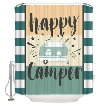 

Waterproof Polyester Fabric Shower Curtain Autumn Style Happy Camping With Blue And White Stripes Shower Curtain