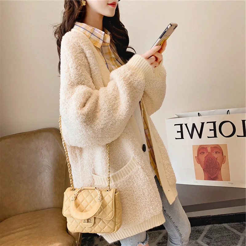 H.SA Women Sweater Coat Long Sleeve Big Pocket Single Breasted Thick Long Jacket Poncho Fleece christmas sweater Cardigans
