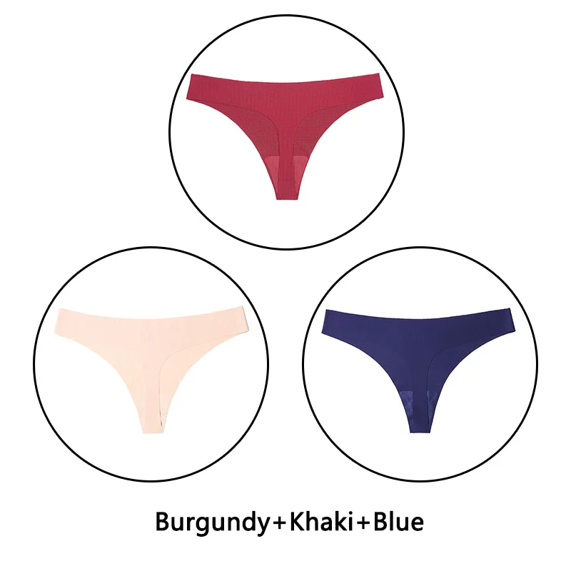Burgundy Khaki Blue 3 шт./партия, сексуальные стринги, женские бесшовные трусики, однотонное мягкое нижнее белье, низкая посадка, стринги, XS-L, европейский размер, нижнее белье, ультратонкие, нижнее белье, Новинка - Цвет: Burgundy Khaki Blue