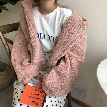 

Oversize Pink Teddy Coat 2019 Zipper Closed Korean Womens Fur Jacket With Hat Short Casual Autumn Winter Teddy Jacket Outwear