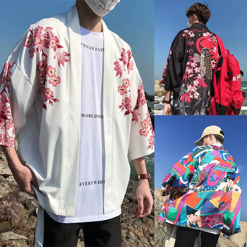 Мужское японское кимоно классическое Новое Стильное модное дизайнерское повседневное пальто-кардиган с короткими рукавами и открытой передней накидкой