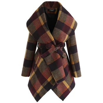 

plaid wool long coat woolen jacket women winter plus size black white cashmere coats designer jackets waist belt female jacket