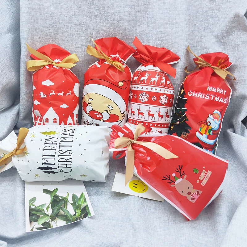 5pcs Christmas Gift Bags Snowflake/Santa Claus Drawstring Cookie Candy Bags 