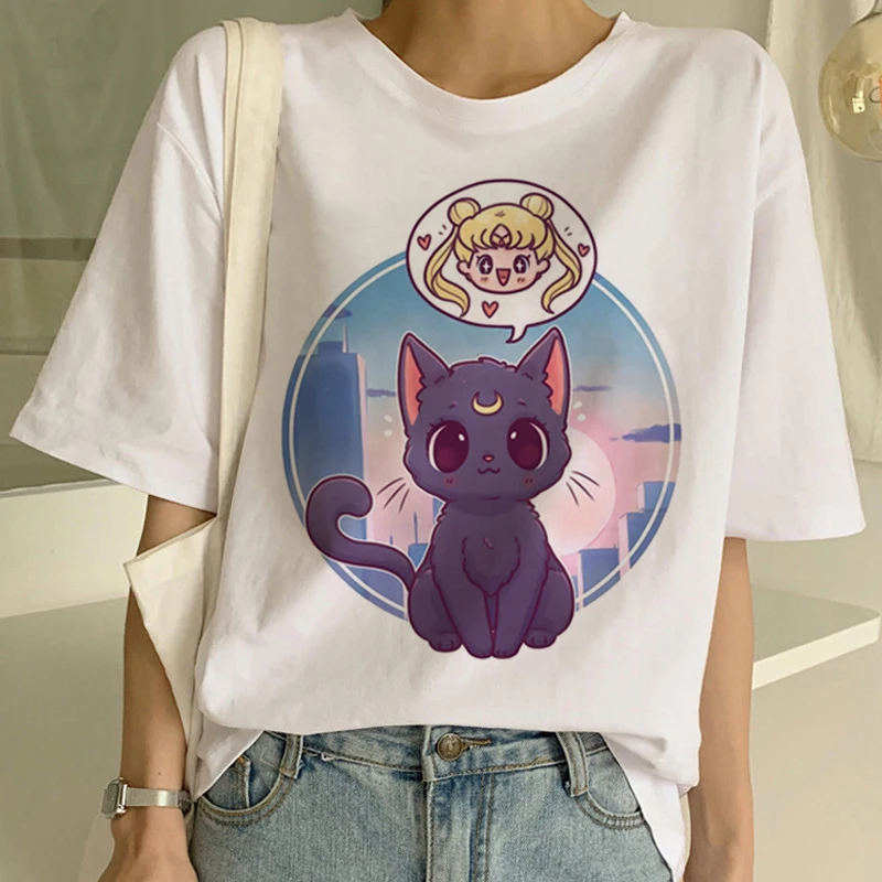 Sailor Moon/летняя новая модная футболка Женская Harajuku короткий рукав забавная футболка Ulzzang футболка с милым котом женские футболки с рисунком