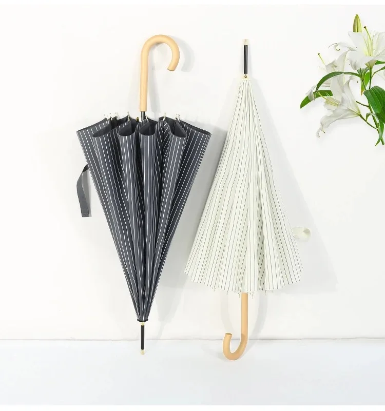 Currently Available New Style 16 Straight Pole Curved Handle Umbrella Japanese Korean Literature And Art-Style Stripes Hipster M