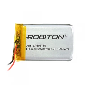 Аккумулятор плоский Литий-Полимерный LP503759 Li-Pol 3.7-Вольт 1200mAh с защитой Robiton Размер: