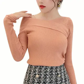

Off Shoulder Women Sweaters Trendy Solid Color Bottoming Knit Top Autumn Winter Slim Long Sleeve Pullover Sweaters