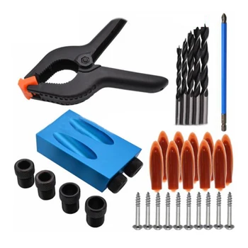 

34PCS 15 Degree Pocket Hole Jig Kit Angle Drill Guide Woodwoorking Tool Hole Puncher Locator Jig Drill Bit Carpentry Tools