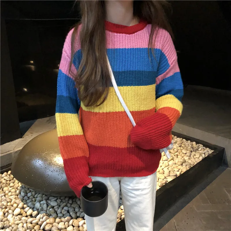 

Women's Sweater Rainbow Color Block Striped Autumn O-neck Sweaters and Pullovers Jumpe knitted autumn Pullovers Sweaters