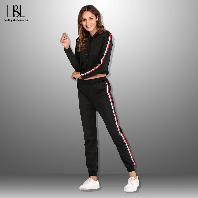 

New Casual Women Tracksuit Long Sleeve Hooded Pullover + Jogger Pants Slim Striped Outfits 2pcs Sportswear Elastic Waist Trouser