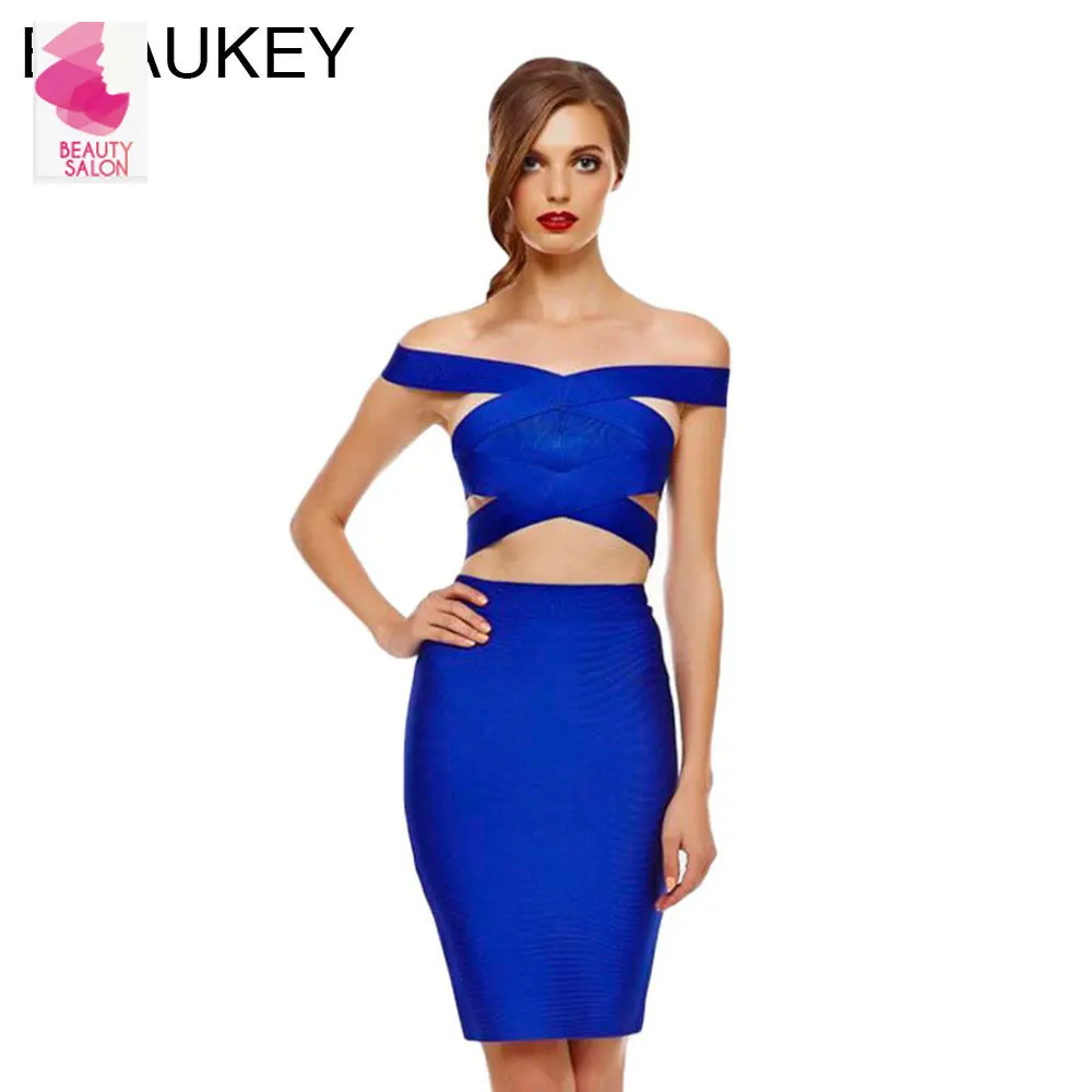 

Royal Blue Sexy Women's Bandage 2 Piece Off The Shoulder Slash Neck Crop Top High Waist Knee Length Bodycon Skirt