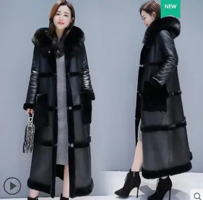Осенне-зимнее пальто из меха ягненка женские большие размеры корейский стиль большой меховой воротник выше колена из искусственной кожи толстое теплое длинное пальто элегантные женские - Цвет: black