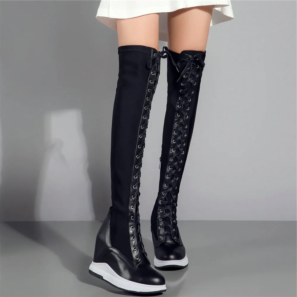 2021 Platform Pumps Shoes Women Genuine Leather Wedges High Heel Over The Knee Boots Female Stretchy Thigh High Fashion Sneakers