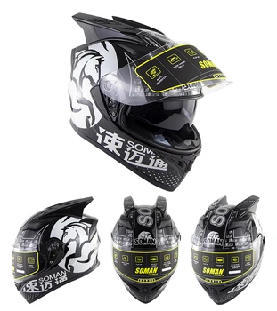

capacete moto Motor kask ECE Approval Double Lens Highway Riding Helmet Motorcycle Full Face Helmets Soman SM960+Spoiler horns