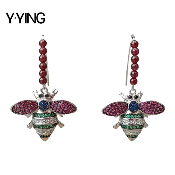 

Red Garnet Micro Cubic Zirconia micro pave Insect Charm white gold color plated Hook Dangle Earrings